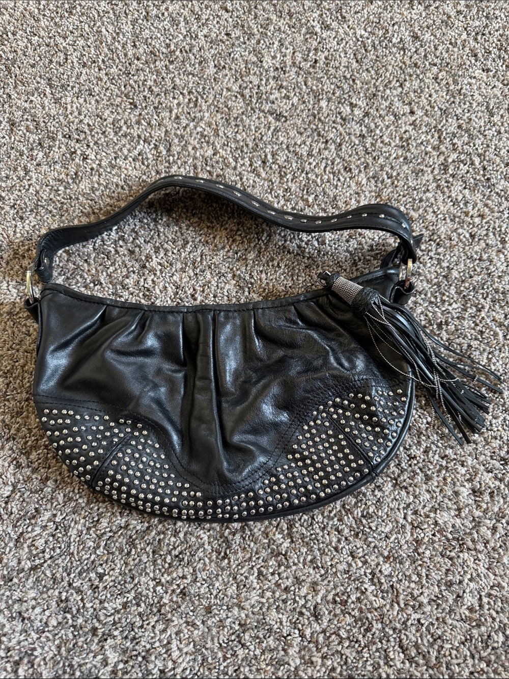 Kate Landry Studded Leather Shoulder Bag with Tassel